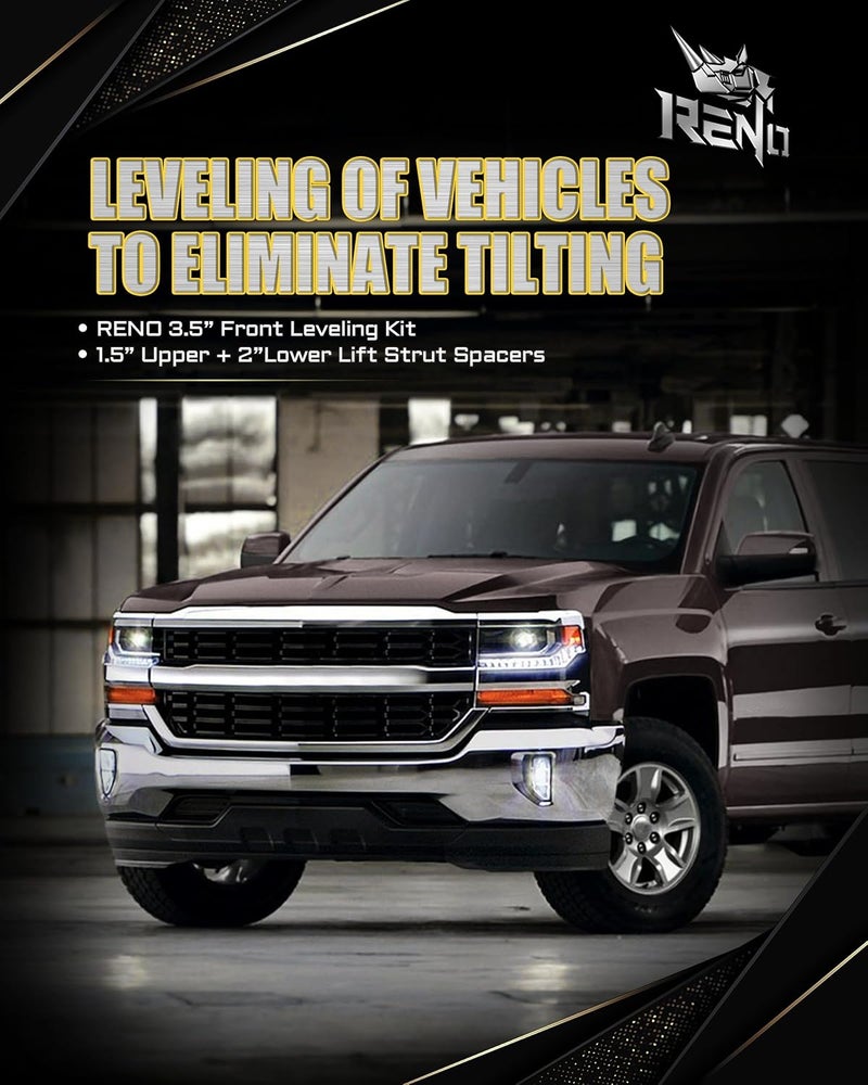 Reno 3.5" Front Leveling Kit, Upper+Lower Strut Lift Spacers Compatible with 2007-2025 Silverado Avalanche Suburban Tahoe 1500 / Sierra Yukon 1500 2WD 4WD (Aluminium, 4Pcs) - Image 2